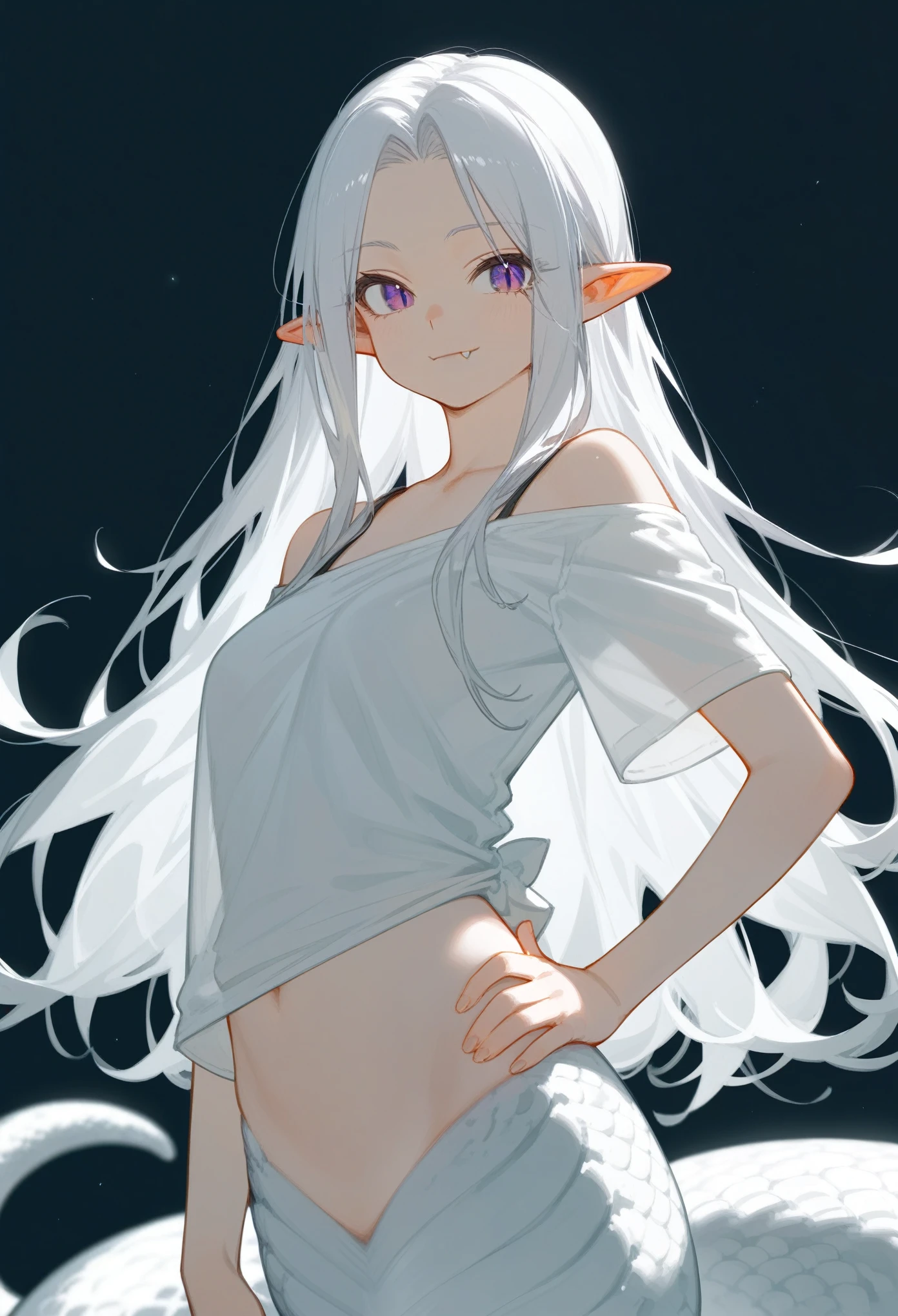 Best quality, score_9, score_8_up, score_7_up, 1girl, lamia monstergirl, (white scales, white belly), purple eyes, white hair, long hair, parted bangs, pointy ears, hand on hip, white oversize shirt, off shoulder, short sleeves, saggy shirt, closed mouth, innexpressive, fang, looking at viewer, black background, upper body, zoom out, 