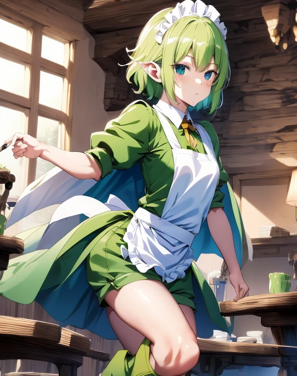 highest quality, one person,Tabletop, 超A high resolution, Ryu Lion, Green shorts, Green Boots, White shirt, Green Cape,Princess Maid