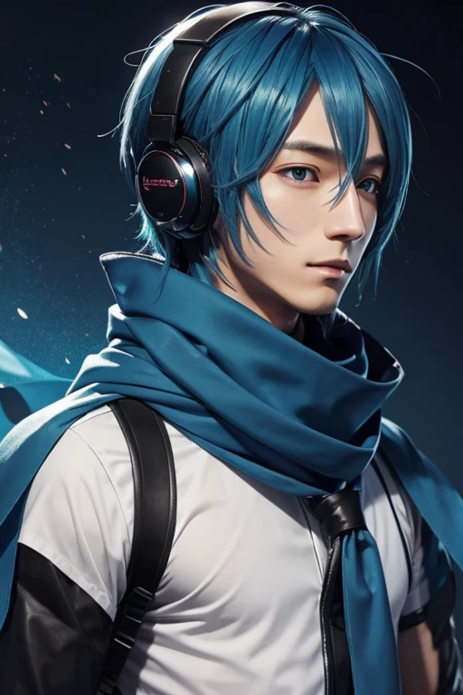 Male Vocaloid、deep Blue Hair、Blue scarf、seems kind