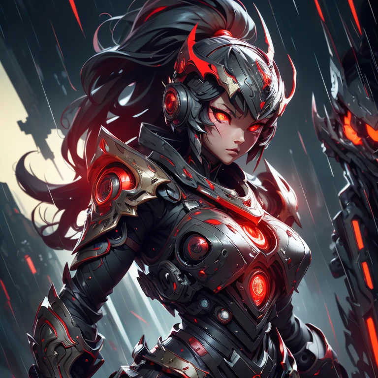 1 Japanese girl, battle armor, Intricate pattern, heavy metal, Energy lines, Faceless, Glowing eyes, elegant, Intense, blood red and black uniform, Solo, modern, City, Streets, Dark clouds, thunderstorm, heavy rain,, Dramatic lighting,, (Masterpiece:1.2), Best quality, high resolution,   Beautiful detailed, Extremely detailed, Perfect lighting,