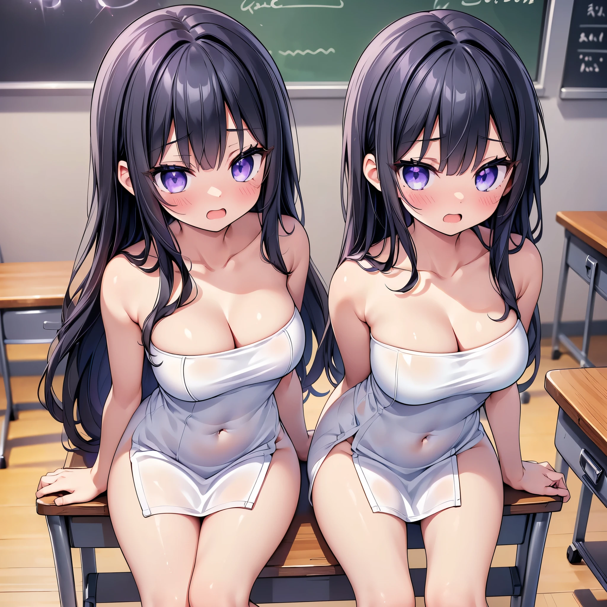(cute eyes:1.2), (sparkling eyes:1.2), (8K、Best image quality、highest quality、masterpiece)、Detailed face、(2 girls)、Improve、(Black Hair, Purple Eyes, long hair)、(open mouth), (embarrassed), (skinny body:1.3),(midium breasts), (Naked Towel:1.3), (side slit:1.2), (cleavage),(crop top navel:1.1), Sit on a chair, Classroom Background, (Waistline:1.1)