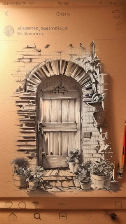 Painting of a door with a window and a planter, pen and Ink drawing, pencil and Ink drawing, pen & Ink drawing, pen and Ink drawings, pen and ink style, pen and ink, detailed Ink drawing, perfect pen and ink line art, Detailed sketch in black and white, illustration in pen an ink, Ink drawing, pen and ink on paper