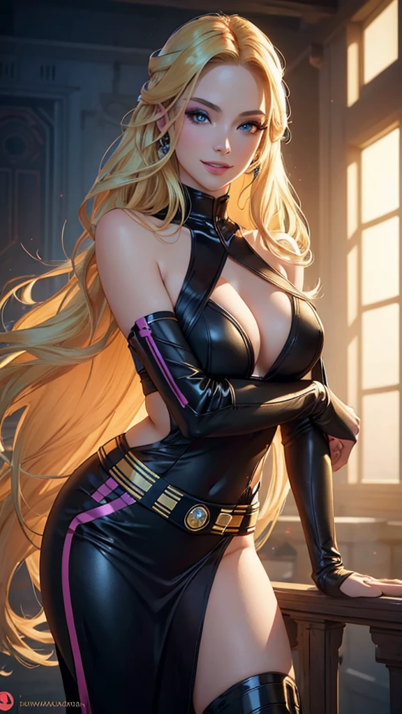 (best quality,ultra-detailed,photo-realistic:1.37),bright and vibrant colors,studio lighting,playful expression,stylish makeup,long blonde hair flowing in the wind,alluring eyes,glossy lips,sexy pose, Sith, Star Wars, smiling in a confident and  way,posing for a professional photoshoot,shallow depth of field,highlighting the main subject,soft natural lighting,creating a dreamy and magical atmosphere.