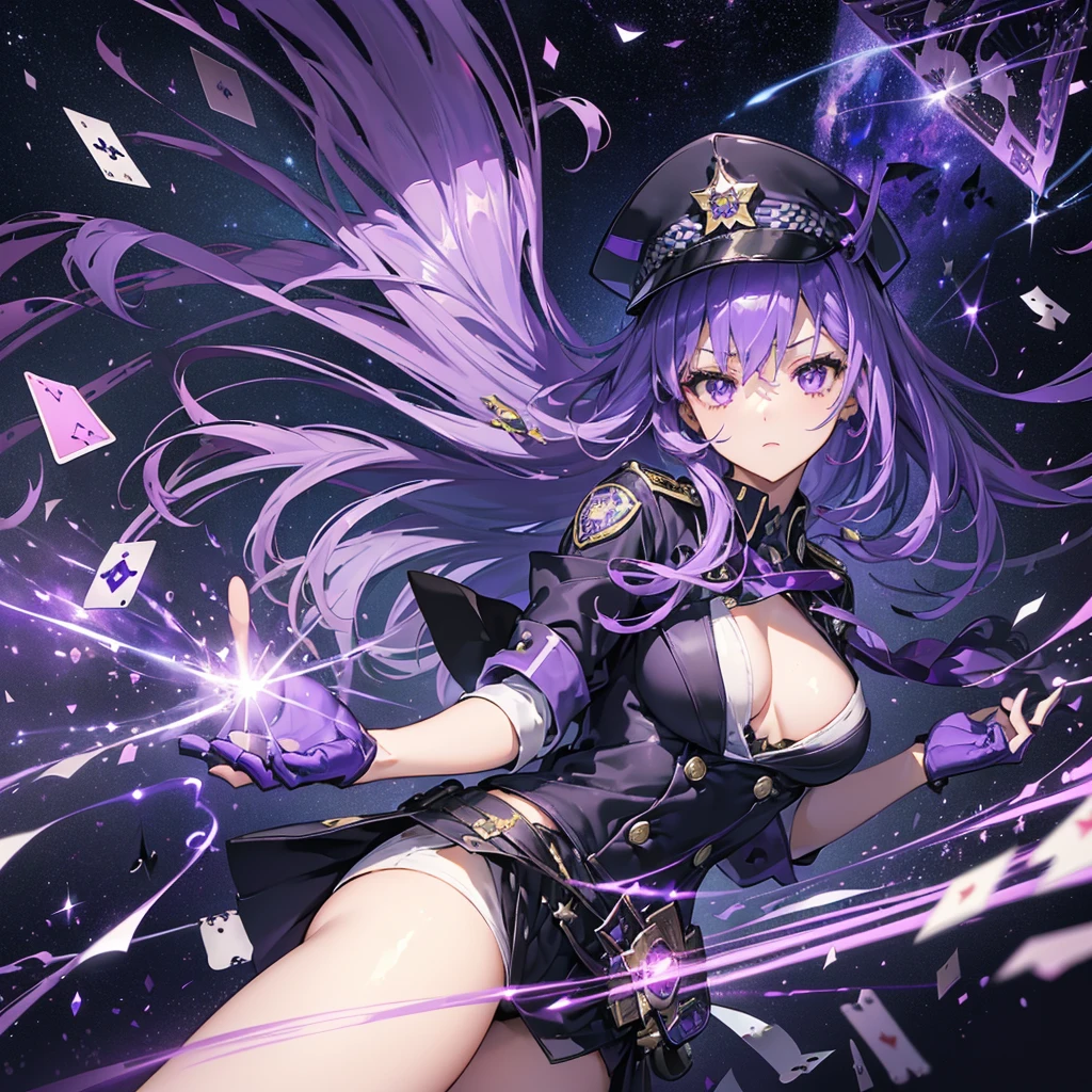 ((Fantasy　Purple Hair　Long Hair　Purple Eyes　Female police officer　Star Badge　policeman's cap　Chest Opening　Lonely　despair))　((Spade playing card　Throw the cards　Broken glass　gloves　milky way))　(comet　moon)　Catch the wind　fall　Glowing purple background　Particles of light, shining edges　Low - Angle