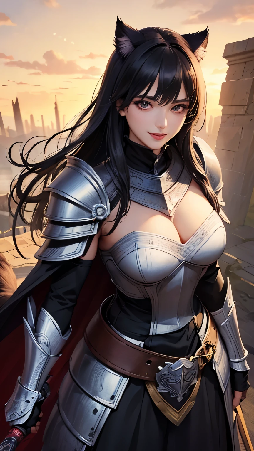 (masterpiece:1.2), (highest quality:1.2), Perfect Eyes, Perfect Face, Volumetric lighting, One girl, Mature Female Warrior, Mature Woman, armor, Robe, Black Hair, Shoulder rest, Club, belt, Fantasy, Outdoor, Detailed Background, compensate, lipstick, eye shadow, mascara, Thick eyelashes、whole body、Cat ear、smile、Smile、whole body、Long skirt、(((Berserker))),