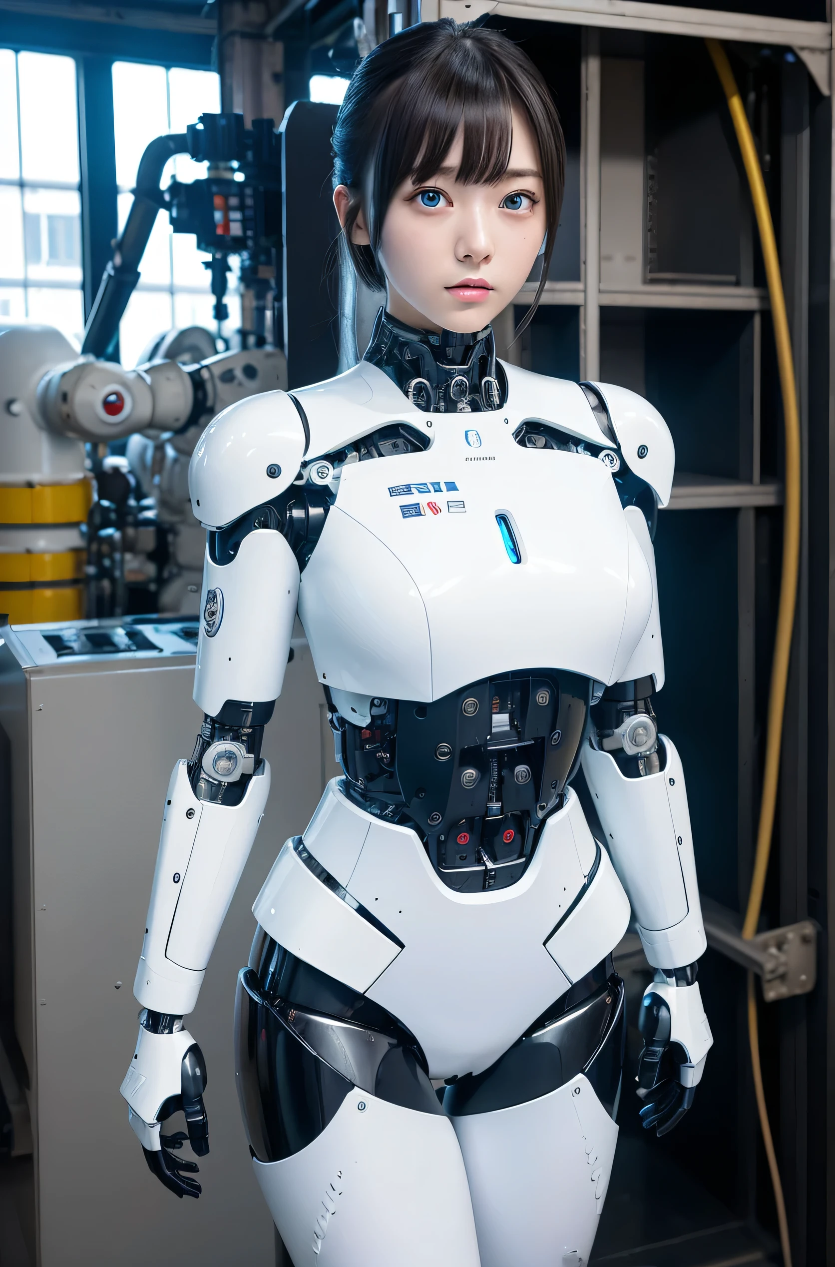 masterpiece, best quality, extremely detailed, Japanese android girl,Plump ,control panels,robot arms,robot,android,cyborg,white robot body,blunt bangs,robot repair plant,skinny pants,boots,blue eyes