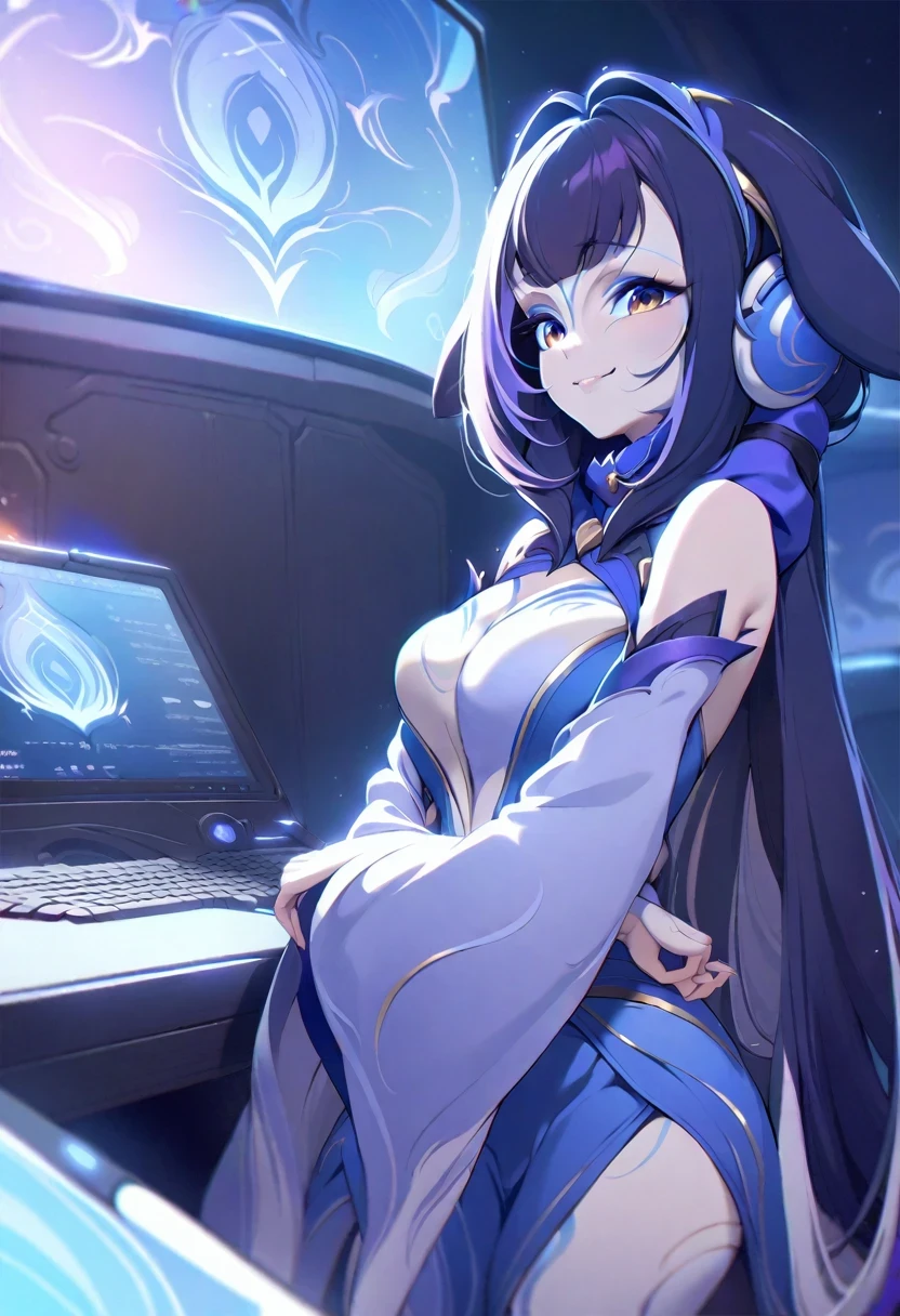 (shylily/(Twich/):1.5),(masterpiece:1.2),(best quality:1.2),woman using big screen computer、Semi-long hair、a smile,Wearing cool headphones,{{{{{{{{ Black Parker Oversized }}}}}}}},Beautiful and delicate eyes,