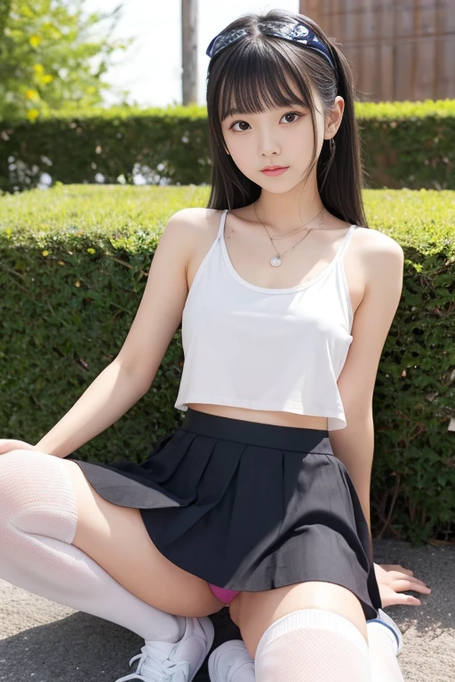 8k,Japanese,,Innocent face,Teenage Girlini skirt,Casual wear,Sitting,Black Hair,garden,Hair Clip、Light clothing、Cheerleader、cute、High exposure、Spreading her legs wide、See-through fashionable clothes、Her panties are showing、Knee-high socks、Absolute area、The base of the thighs is visible、camisole、Baggy tank top、I'm on my knees、Angle from below、I can see your 、The labia majora is visible、The lower half is naked、The labia majora is visible、cute顔