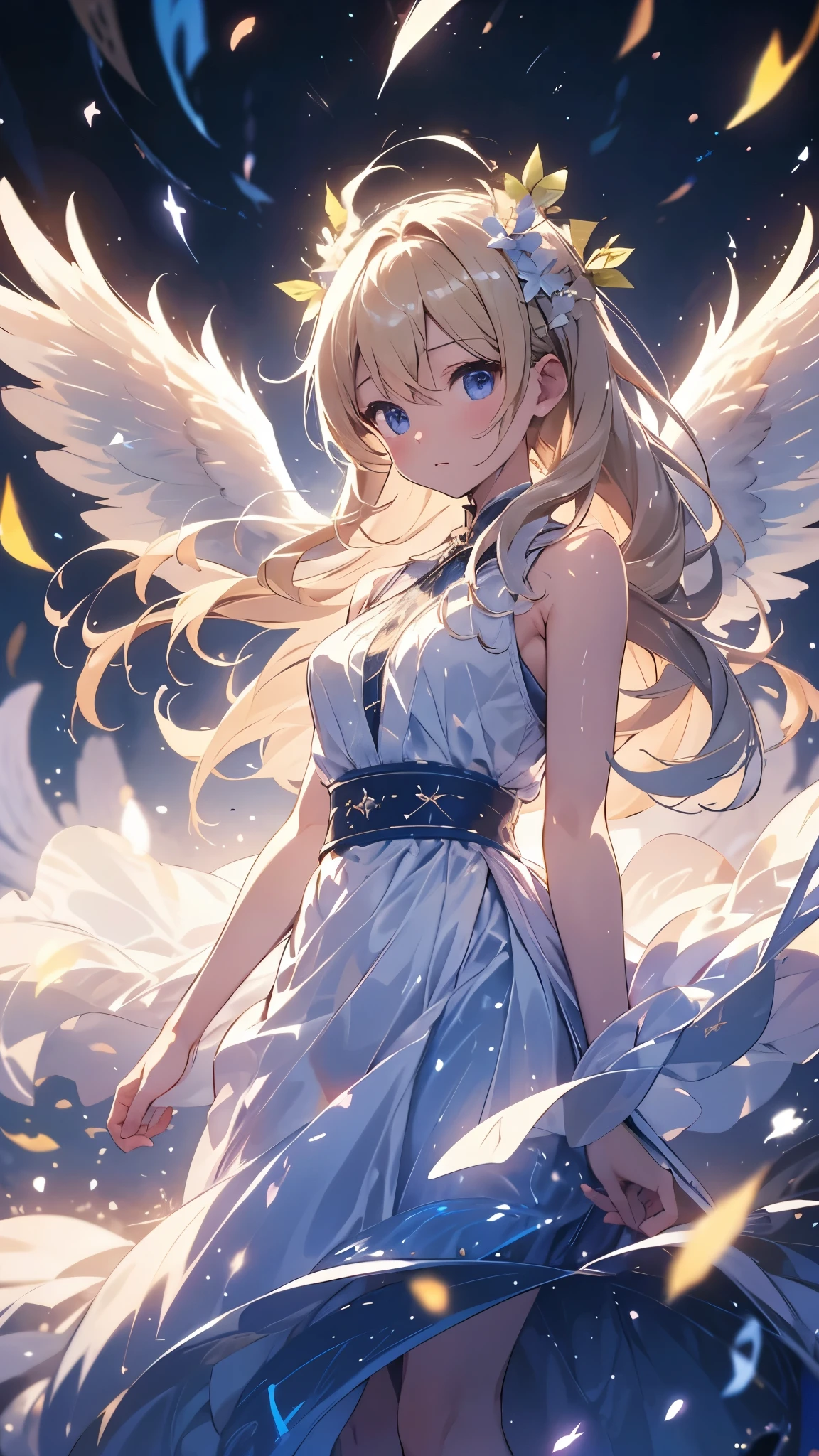 afterimage, bokeh, blurry foreground, wide shot, UHD, retina, masterpiece, high details, best quality, highres, 4K,god々In a cool atmosphere、A blonde angel descends from the sky、White feathers fluttering around