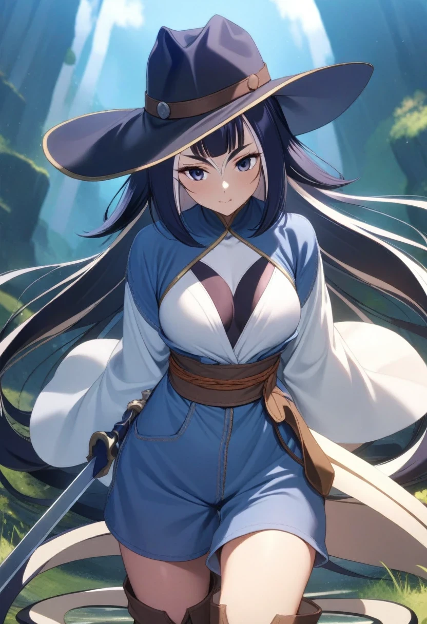 (shylily/(Twich/):1.5),(masterpiece:1.2),(best quality:1.2),depth, fine texture , Fully focus, Crisp.skin,, Very cute anime girl 、Denim style costume、Cowboy hat、Cowboy Boots Technical Wilderness、duel、Long Sword、Half long hair wearing expensive , A girl、Solitary,