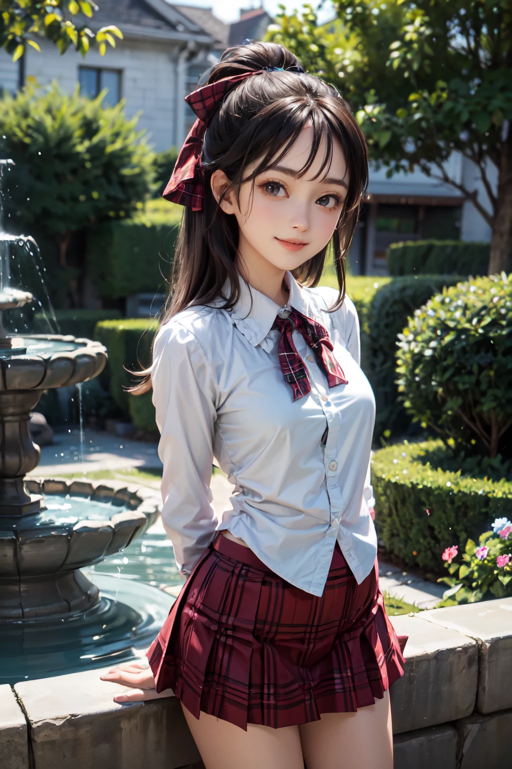 very cute and beautiful girl,(highly detailed beautiful face and eyes),(smile:1.25),looking at viewer,cowboy shot,
(white blouse with detailed frills),long sleeve BREAK standing,arms behind back,
hair ribbon,black hair,hime cut,(scarlet plaid mini skirt)
BREAK (water fountain),park garden,(hydrangea:0.9),distant trees,
(best quality,masterpiece),absurdres,highres,ultra-detailed,extremely detailed,32k,8k resolution,
intricate details,cinematic scene,detailed background,solo,dynamic angle,
