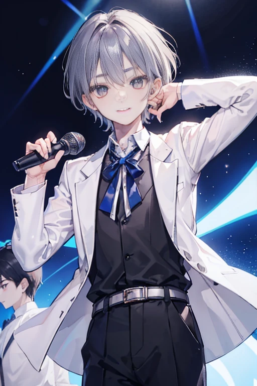 1 boy、blouse、Gray Hair、Light brown eyes、Black Shirt、White Blazer、Wear a blue ribbon on your chest、Smiling boy、17 years old、Parted bangs、short hair,Outward-Flicked Hair,  Best image quality、Simple clothes、White Background、Eye highlights、sing、Idol、microphone,Thin eyebrows, sharp eyebrows