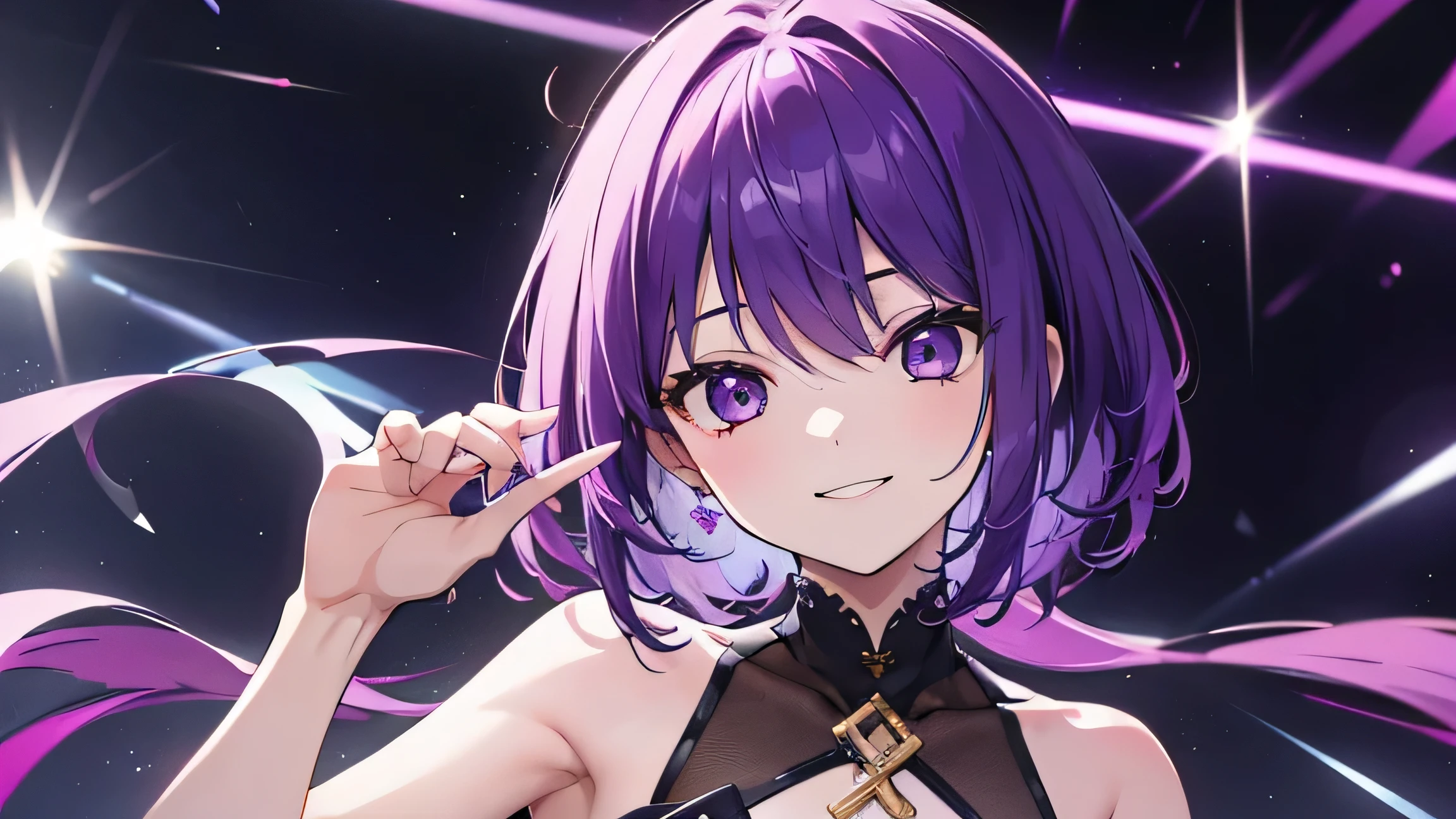 (T Masterpiece，4k wallpaper，Best Quality))、((girl１people))、(solo)、Bright and Brilliant，(Purple Hair)、(Shortcuts:1.3)、smile、Idol、stage