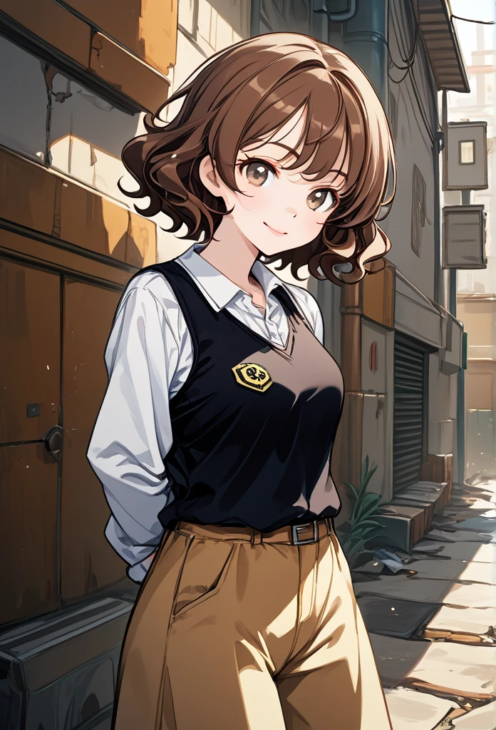 College girl, short hair, wavy hair, brown hair, cool face, glossy lips, hazel eyes, playful smile, stylish clothes, arms behind back, looking at viewer, alley background