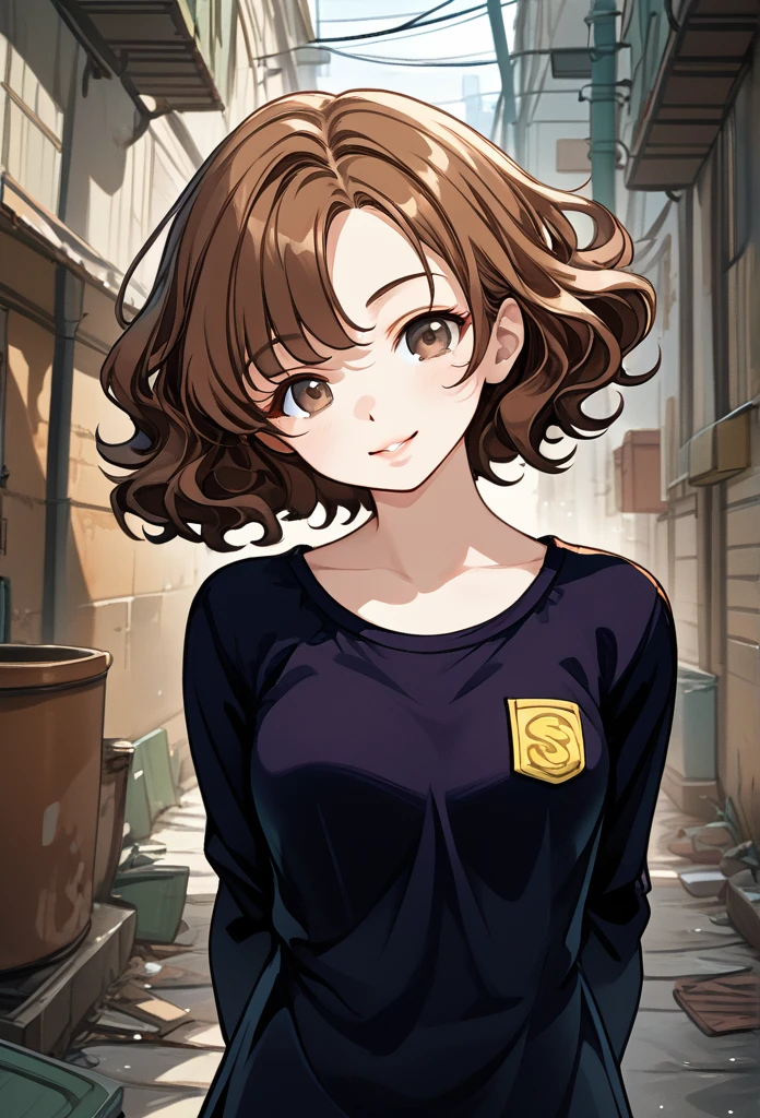 College girl, short hair, wavy hair, brown hair, cool face, glossy lips, hazel eyes, playful smile, stylish clothes, arms behind back, looking at viewer, alley background