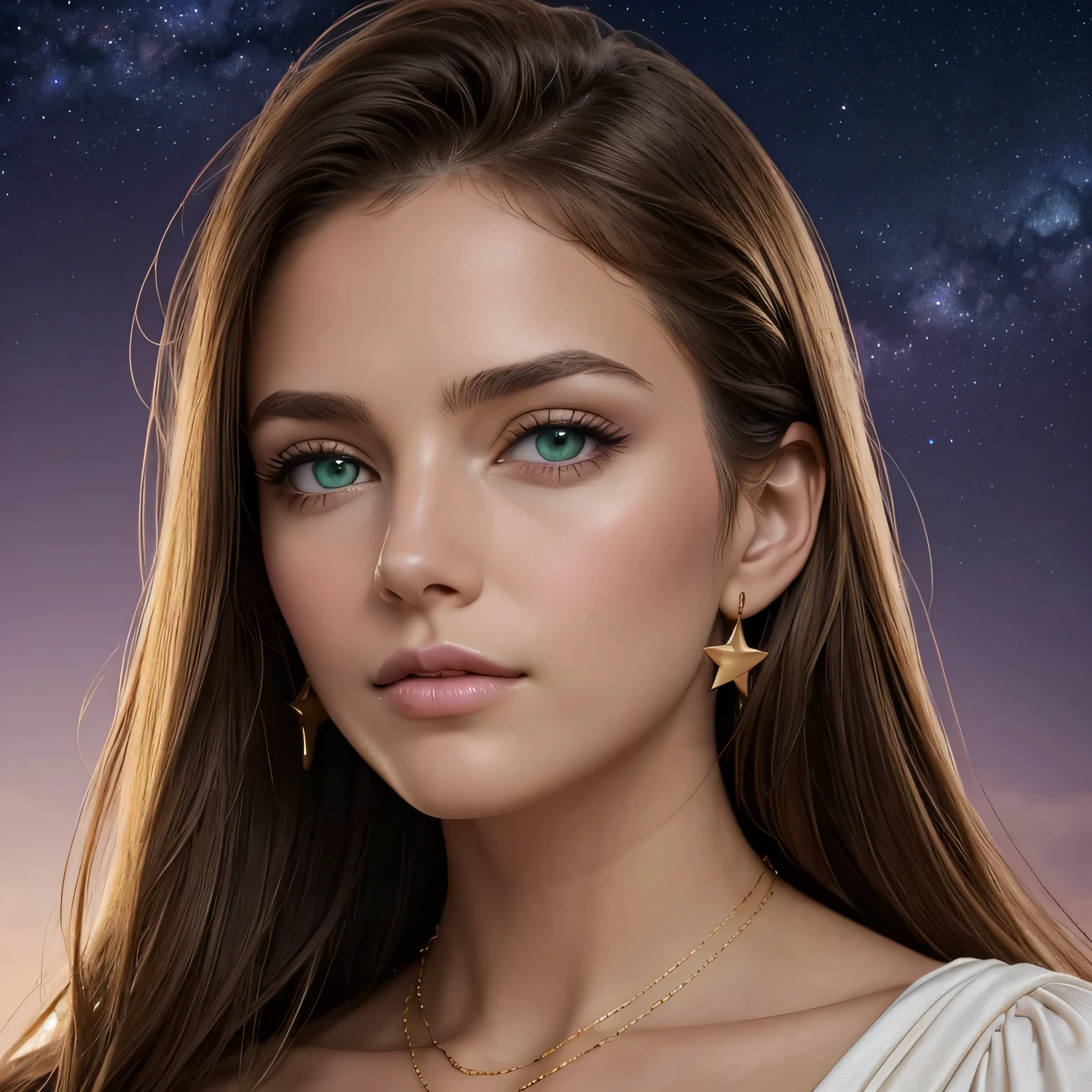 one American girl, realistic green eyes,  light brown hair, large , large chest, cleavage, draped in white fabric with gold accessories, gold jewelry, high cheekbones, close up, zoomed in, profile picture, headshot, masterpiece, best quality, soft stars in purple sky background, forward pov, looking at viewer, plump lips, oriented to the left, empty purple sky with soft stars to the right, off center, left oriented 