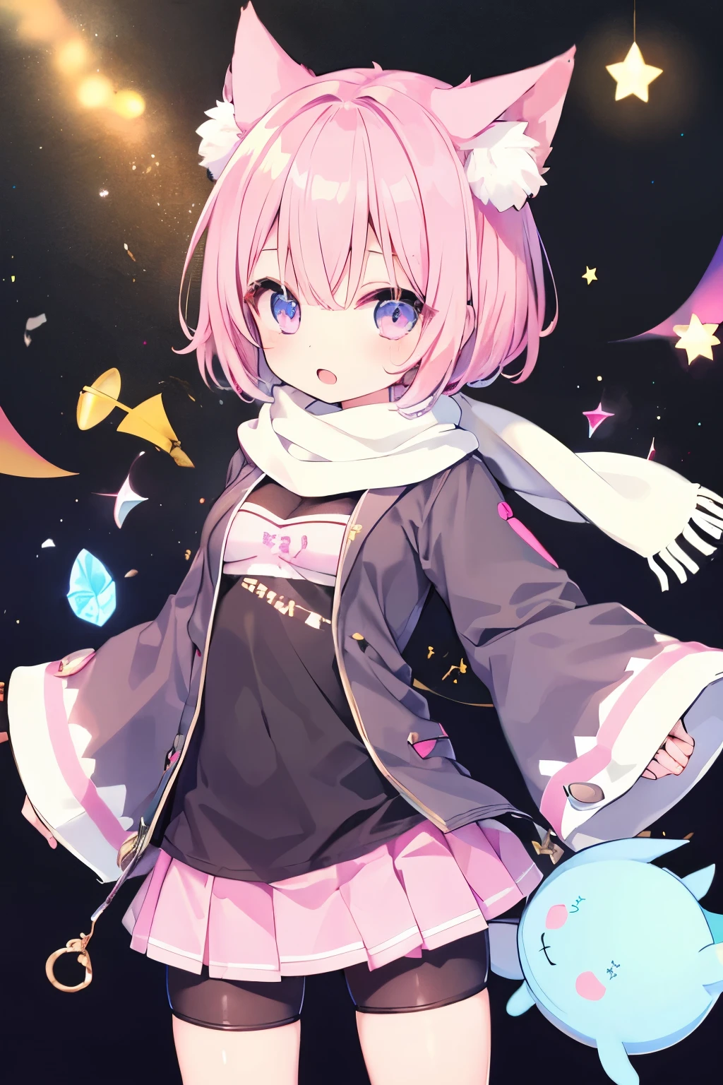 Very beautiful and Shining Eyes、Shining Eyes、1 girl、Small breasts、Big Mouth、high school girl、Small breasts、Cat ear、Transparent pink short hair、scarf、hot pants、Transparent clothes、Childish clothes、***************