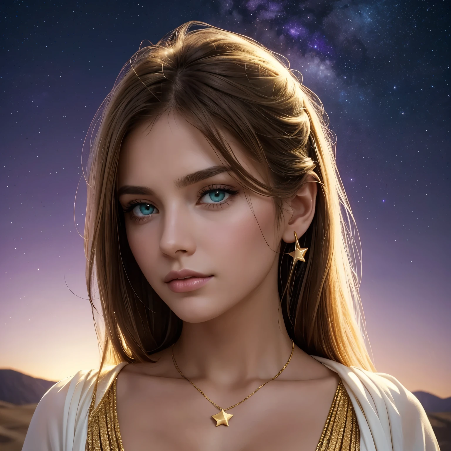 one American girl, realistic green eyes, light brown hair, large , large chest, cleavage, draped in white fabric with gold accessories, gold jewelry, high cheekbones, close up, zoomed in, profile picture, headshot, masterpiece, best quality, soft stars in purple sky background, forward pov, looking at viewer, plump lips, oriented to the left, empty purple sky with soft stars to the right, off center, left oriented