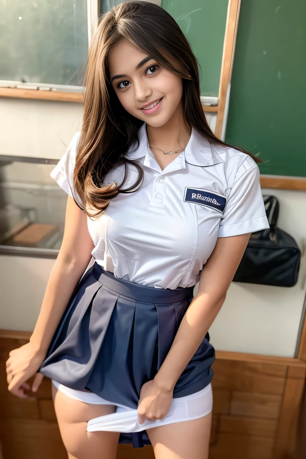 Beautiful, cute , 18 Years old beauty Pakistan young girl, cute face,super detailed face,detailed hand,beautiful skin,oily skin,big eyes,profeccional lighting,brown beautiful eyes, big smile,standing, (skirt lift:1.2),big breasts, (sailor suit),(checked skirt), panty drop , black high socks, spread legs, she is looking at the camera,classroom,