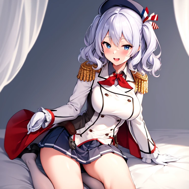 (masterpiece, best quality:1.2),giggle,A hand touched his chest,illustration,8K,HD,1 girl,solitary,portrait,blush,white hair,blue eyes,curls,Double tail,Berets,Epaulettes,Ruffled sleeves,Jacket,Large Breasts,Long sleeve,,mini skirt,Pleated Skirt,Red tie,White gloves,anchor,Solid color background