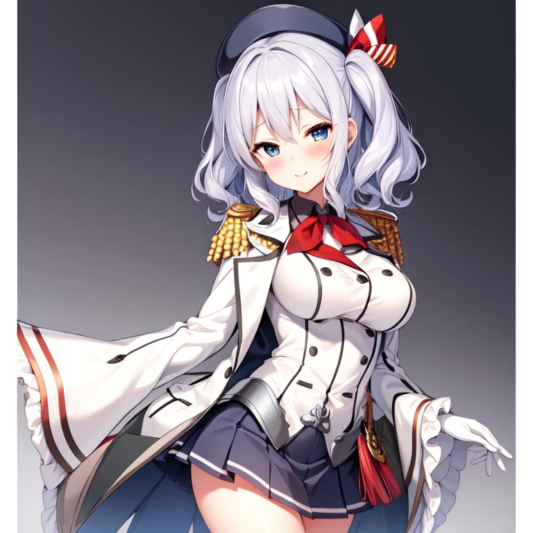 (masterpiece, best quality:1.2),giggle,A hand touched his chest,illustration,8K,HD,1 girl,solitary,portrait,blush,white hair,blue eyes,curls,Double tail,Berets,Epaulettes,Ruffled sleeves,Jacket,Large Breasts,Long sleeve,,mini skirt,Pleated Skirt,Red tie,White gloves,anchor,Solid color background