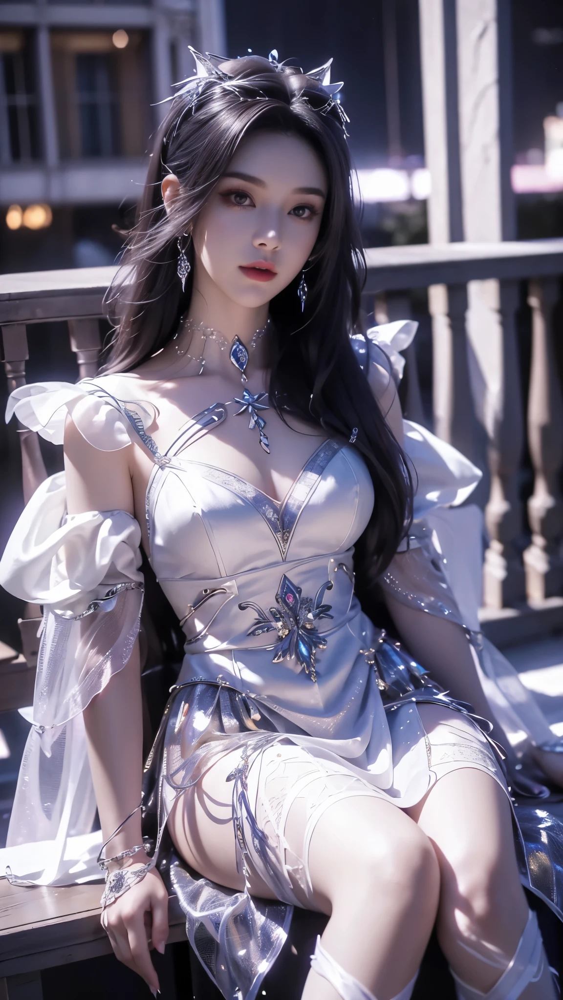 8K, UHD, MAsterpiece, best quality, 1 girl, ((realistic face)), happy pace, very long hair, small breasts, perfect waist, decorated dress, very beautiful ornaments dress, white color, ((lace)), mesh dress, mesh cape flowing, sardine, loops, ((ornaments)), legendary night balcony, ((night:1.5)), depth of field, cinematic lighting, chromatic aberration, motion blur, glowing light, god rays, ray tracing, ((reflection light)), backlighting, bloom, chromatic aberration abuse, multiple monochrome, sitting on the chair,