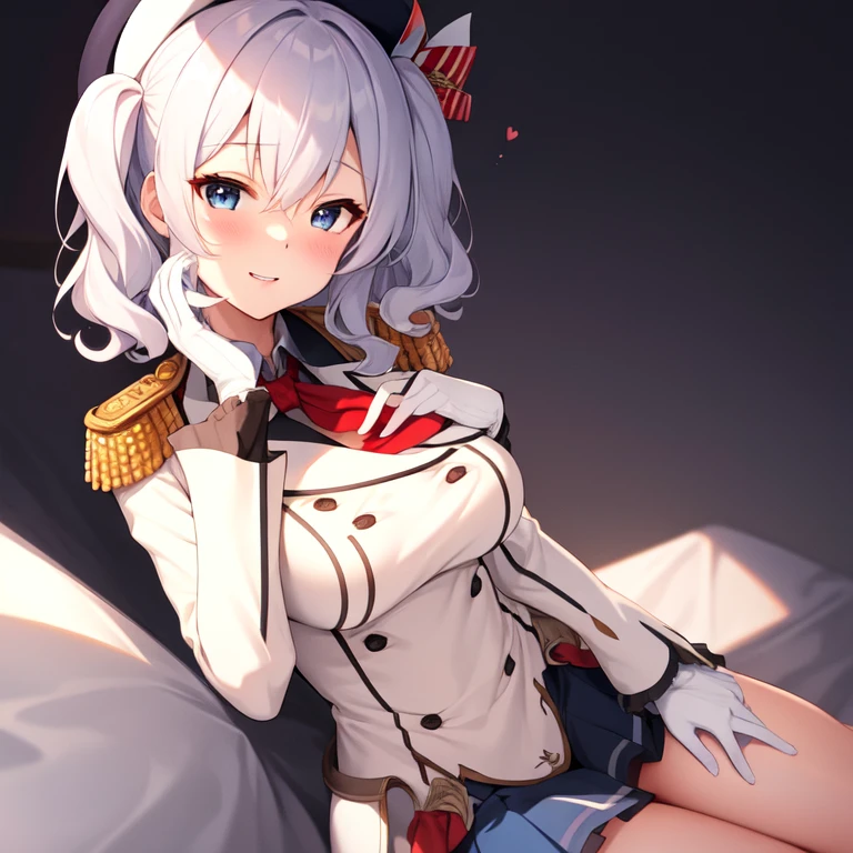 (masterpiece, best quality:1.2),giggle,A hand touched his chest,illustration,8k,HD,1 girl,solitary,portrait,blush,White hair,blue eyes,curls,Double tail,pluming,Berets,Epaulettes,Ruffled sleeves,jacket,Large Breasts,Long sleeve,,mini skirt,Pleated Skirt,Red tie,White gloves,anchor,Solid color background