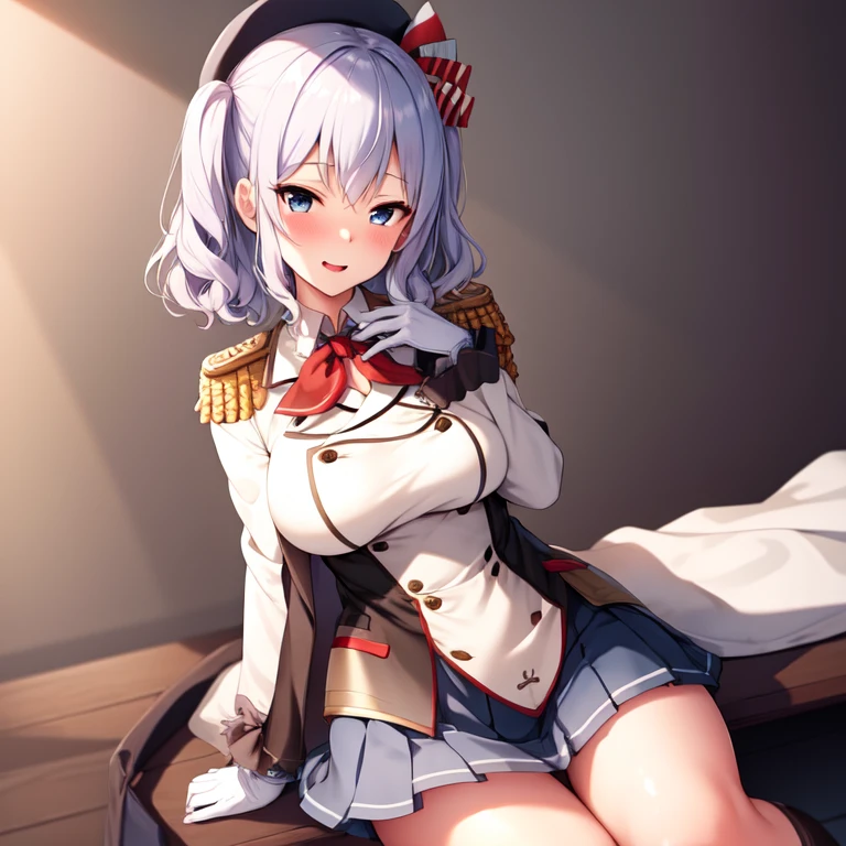 (masterpiece, best quality:1.2),giggle,A hand touched his chest,illustration,8k,HD,1 girl,solitary,portrait,blush,White hair,blue eyes,curls,Double tail,pluming,Berets,Epaulettes,Ruffled sleeves,jacket,Large Breasts,Long sleeve,,mini skirt,Pleated Skirt,Red tie,White gloves,anchor,Solid color background