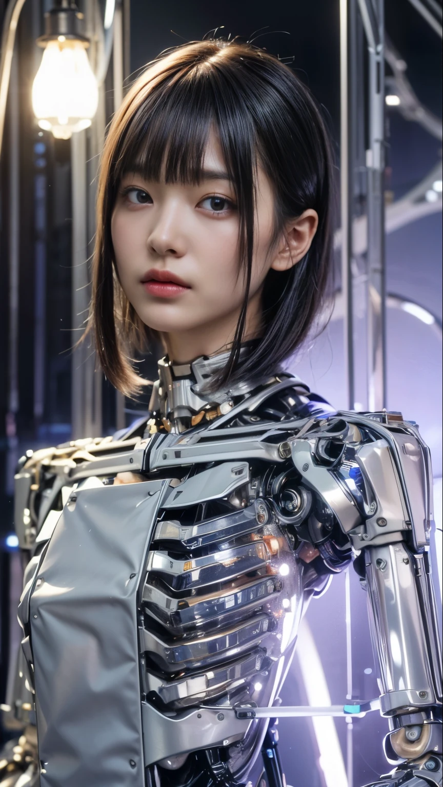 (best quality:1.2), 8k, highres, octan render, (masterpiece), extremely ultra detail, cyborgized Japanese woman, extremely ultra cute face, , skinny body, flat chest,  (blue metallic mechanical frame:1.5), (Power cables connected throughout the body), detaile up, Instead of hair, there are cables growing out of it, mechanical fusion, mechanical skeleton, bio mechanics, mechanical life-form, highly intricate detail, extremely ultra real texture, human-like skin, realistic hair, ultra realistic details, professional lighting, (realistic:1.4), (RAW photo:1.2), (photorealistic:1.37)