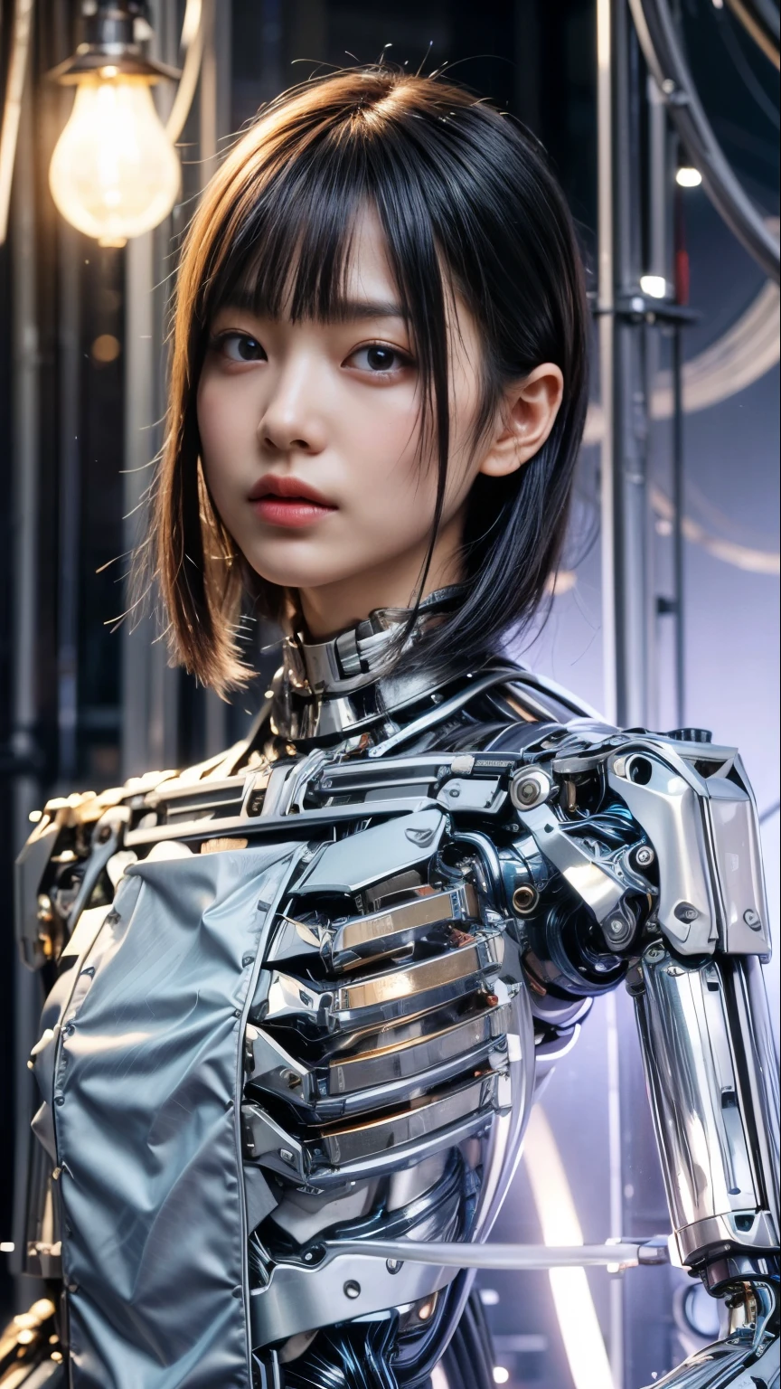 (best quality:1.2), 8k, highres, octan render, (masterpiece), extremely ultra detail, cyborgized Japanese woman, extremely ultra cute face, , skinny body, flat chest, (blue metallic mechanical frame:1.5), (Power cables connected throughout the body), detaile up, Instead of hair, there are cables growing out of it, mechanical fusion, mechanical skeleton, bio mechanics, mechanical life-form, highly intricate detail, extremely ultra real texture, human-like skin, realistic hair, ultra realistic details, professional lighting, (realistic:1.4), (RAW photo:1.2), (photorealistic:1.37)