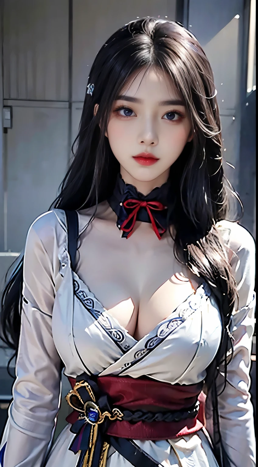 Reality, high resolution, 1 girl, White long hair, beautiful eyes, Large Breasts, Raiden General costume