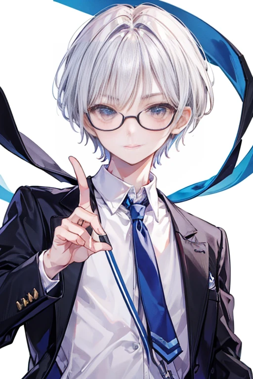 1 boy、blouse、Gray Hair、Light brown eyes、Black Shirt、White Blazer、Wear a blue ribbon on your chest、Smiling boy、17 years old、Parted bangs、short hair,Outward-Flicked Hair, Best image quality、Simple clothes、White Background、Eye highlights、sing、Idol、microphone,Thin eyebrows, sharp eyebrows, White glasses, Square frame glasses