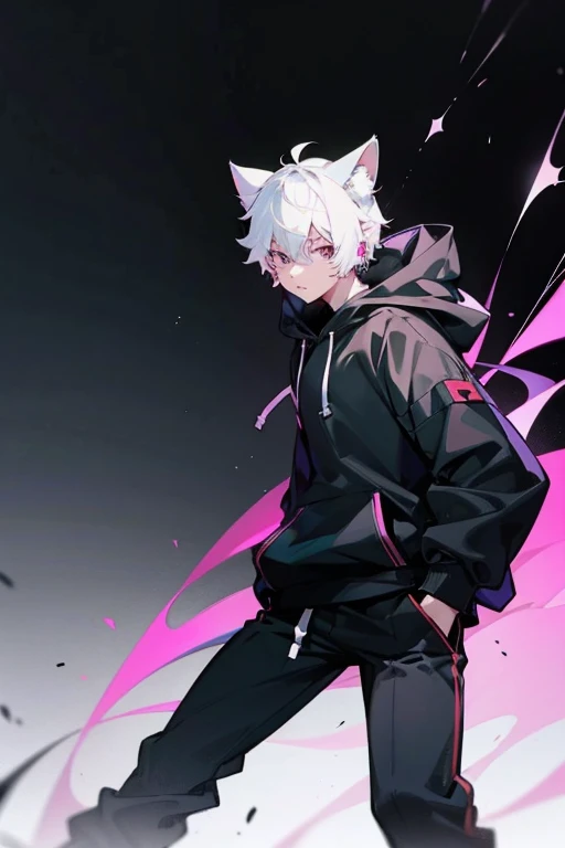 A boy with cat ears and short white hair. Dressed in a black hooded sweatshirt and black pants. He is wearing black headphones. It is against the background of the city at night. It has a white fluffy tail.
