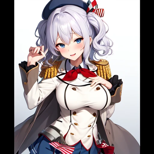 (masterpiece, best quality:1.2),giggle,A hand touched his chest,illustration,8k,HD,1 girl,solitary,portrait,blush,White hair,blue eyes,curls,Double tail,pluming,Berets,Epaulettes,Ruffled sleeves,jacket,Large Breasts,Long sleeve,,mini skirt,Pleated Skirt,Red tie,White gloves,anchor,Solid color background