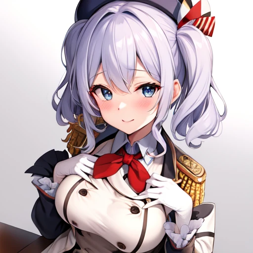 (masterpiece, best quality:1.2),giggle,A hand touched his chest,illustration,8K,HD,1 girl,solitary,portrait,blush,white hair,blue eyes,curls,Double tail,Berets,Epaulettes,Ruffled sleeves,Jacket,Large Breasts,Long sleeve,,mini skirt,Pleated Skirt,Red tie,White gloves,anchor,Solid color background