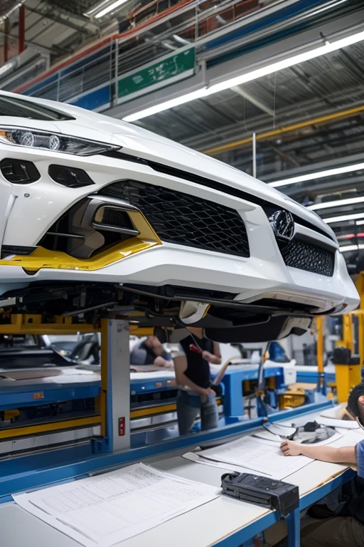 Car production line，Engineers sitting around a table，In front of them is a detailed car production process diagram，Everyone has clear tasks and goals，Like a hunter aiming at a target，They are prepared to complete tasks precisely during production。