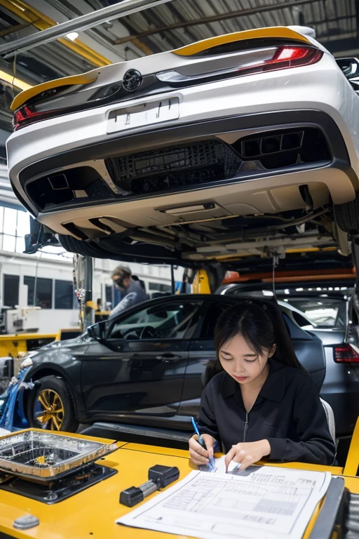 Car production line，Engineers sitting around a table，In front of them is a detailed car production process diagram，Everyone has clear tasks and goals，Like a hunter aiming at a target，They are prepared to complete tasks precisely during production。