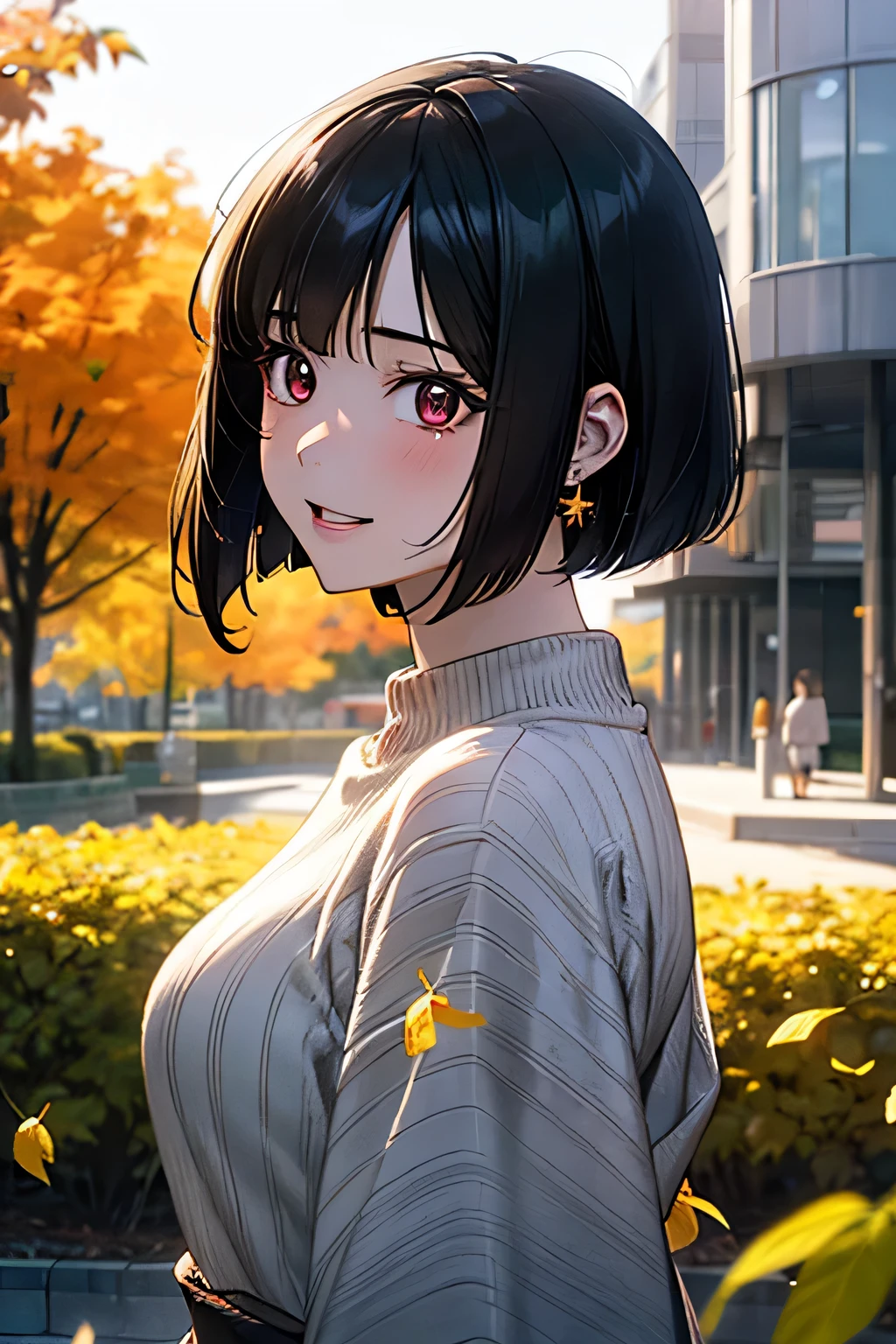 High resolution,8k,highest quality,detailed,Semi-realistic anime,Anime 3D Style,Smooth anime CG,One Girl,18 year old Japanese girl,slim,Modeled,Shiny black hair,Bob Cut Hair,Detailed face,Beautiful and detailed,Glowing Skin,(sweater),Earrings Beautiful,Summer,Tag,Dead Tree,(Golden leaves flutter),shine, Outdoor, Beautiful detailed sky, (Dynamic Pose:0.8),Hard Focus、Film Grain,Soft lighting,Wind,Looking at the audience,Laughter,Side angle