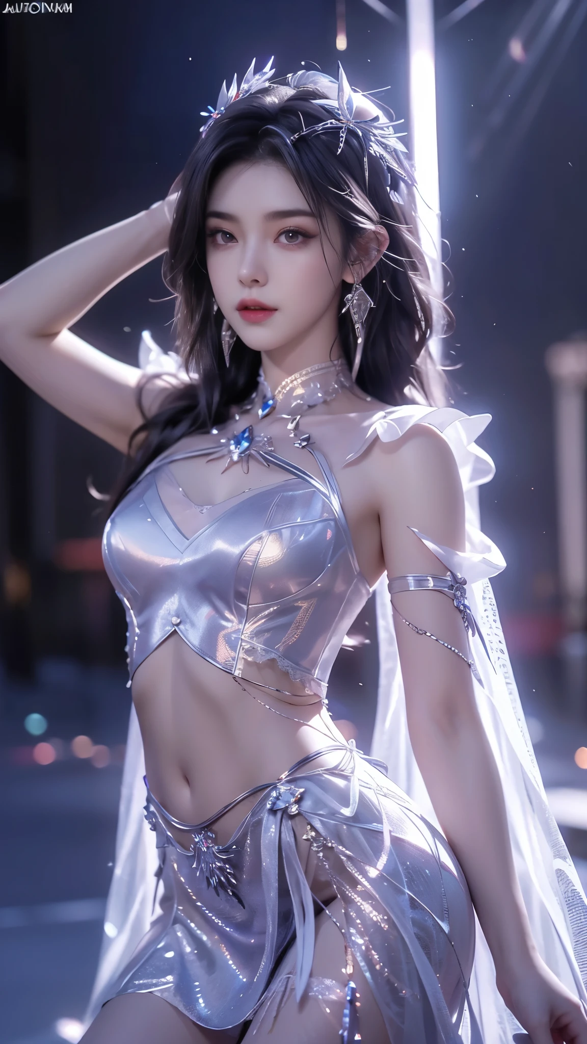 8K, UHD, MAsterpiece, best quality, 1 girl, ((realistic face)), happy pace, very long hair, small breasts, perfect waist, decorated dress, very beautiful ornaments dress, white color, ((lace)), mesh dress, mesh cape flowing, sardine, loops, ((ornaments)), legendary night balcony, ((night:1.5)), depth of field, cinematic lighting, chromatic aberration, motion blur, glowing light, god rays, ray tracing, ((reflection light)), backlighting, bloom, chromatic aberration abuse, multiple monochrome, belly pose,