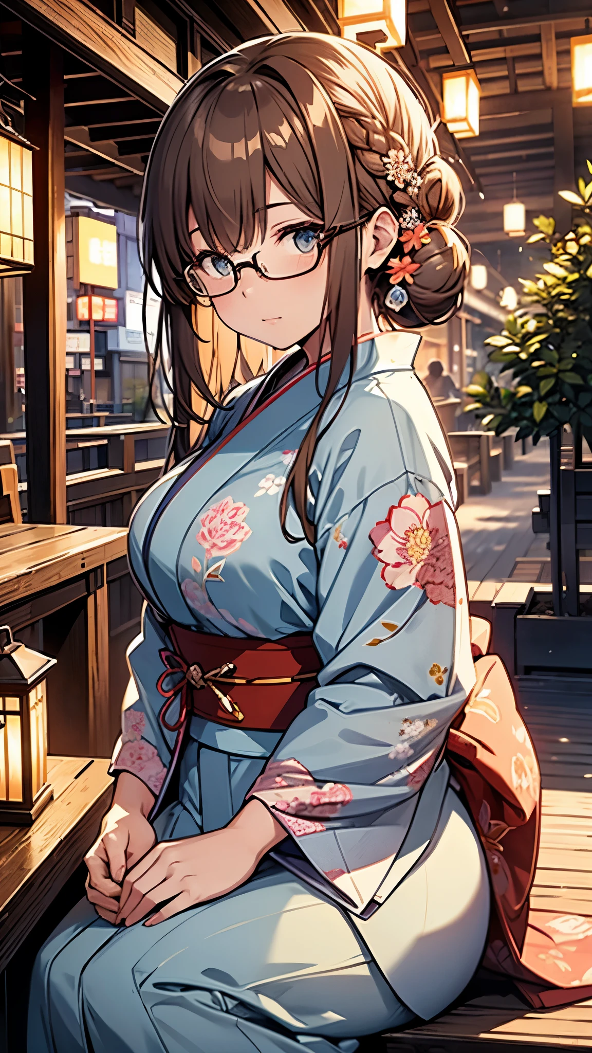 Create a digital anime-style illustration of a young woman in a serene evening setting. She has light brown hair tied up in a stylish bun adorned with elegant hair accessories, including flowers and traditional Japanese ornaments. She is wearing a beautiful light blue kimono with intricate floral patterns and a red obi belt. The woman has large, expressive eyes and is wearing round glasses.
She is seated in an outdoor terrace of a traditional Japanese tea house overlooking a calm lake, with the twilight sky in the background casting a soft, blue light. There are lanterns hanging around the terrace, providing a warm, ambient glow. In the background, a few other patrons can be seen enjoying the peaceful atmosphere. The overall mood of the scene should be tranquil and picturesque