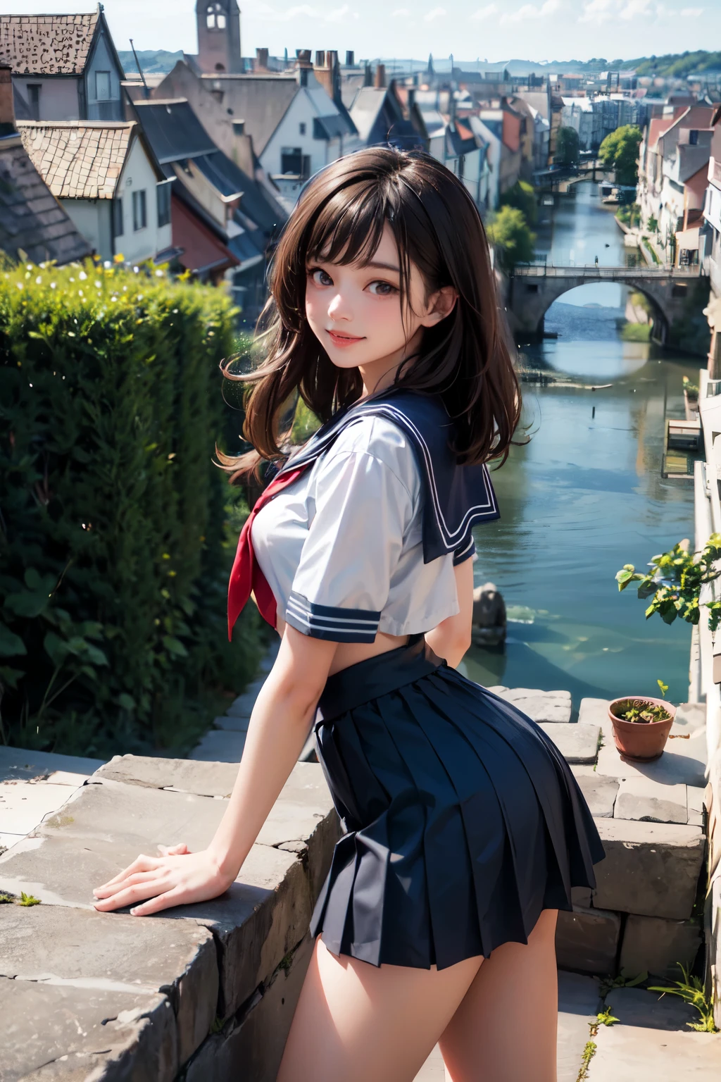 very cute and beautiful girl,teen,(highly detailed beautiful face and eyes),
(smile:1.25),black hair,(sailor ,pleated navy blue mini skirt),dynamic pose,looking at viewer,
many european houses with red roof,(town overview),narrow river and stone bridge far away in distance,detailed landscape,
(best quality,masterpiece),absurdres,highres,ultra-detailed,extremely detailed,32k,8k resolution,
intricate details,cinematic scene,detailed background,solo,dynamic angle,
hair fluttering in the wind,beautiful detailed sky,