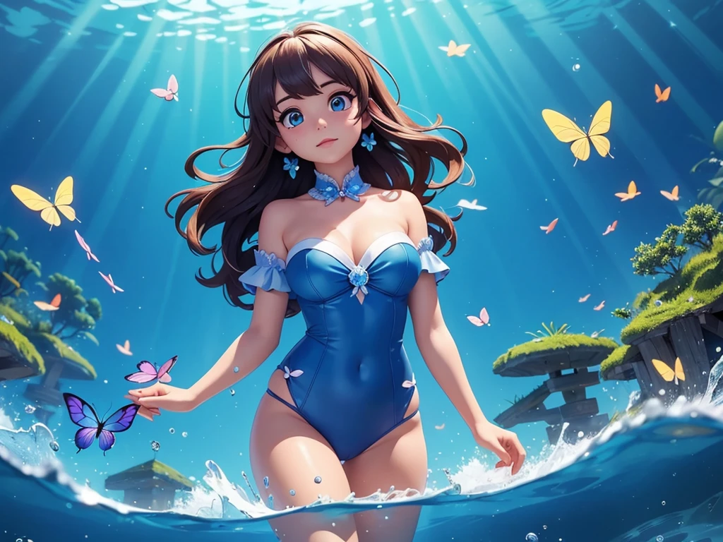 (highest quality、4K、High resolution、masterpiece:1.2) 、Super detailed、Real、Big blue butterfly、They gather at the water's edge to drink water, large tits
