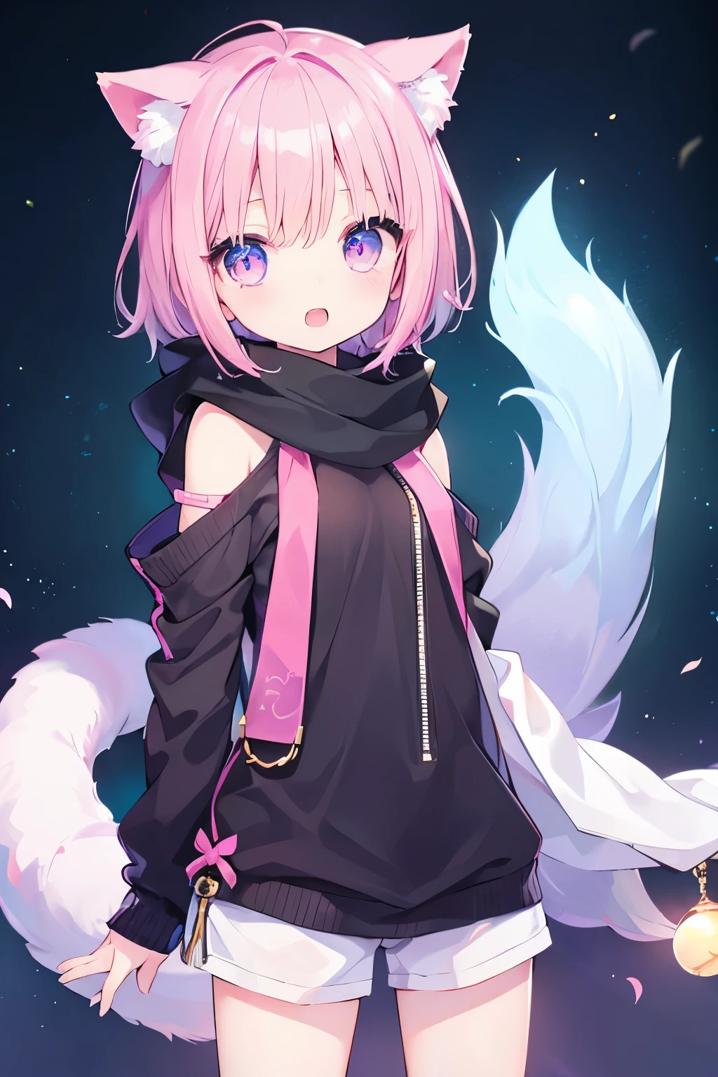 Very beautiful and Shining Eyes、Shining Eyes、1 girl、Small breasts、Big Mouth、high school girl、Small breasts、Cat ear、Transparent pink short hair、scarf、hot pants、Transparent clothes、Childish clothes、***************