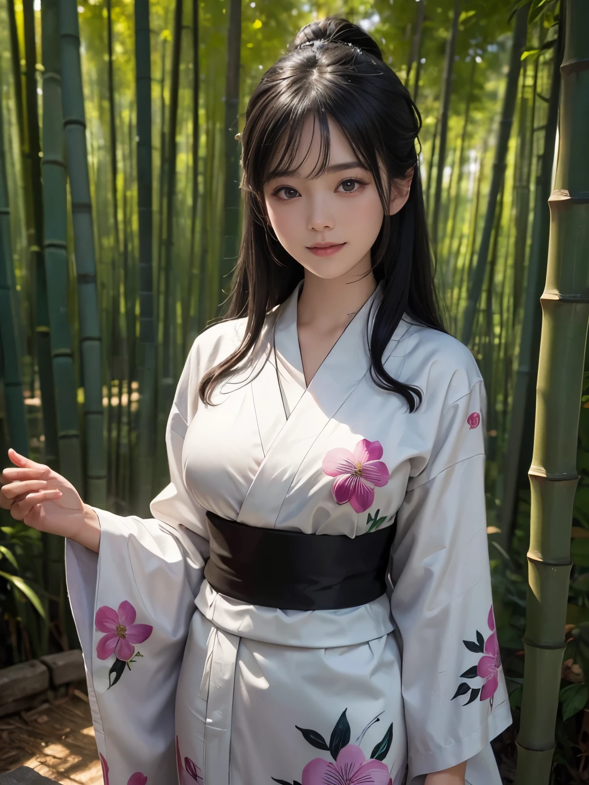 (ultra realistic) , (illustration), (increase resolution), (8K), (extremely detailed), (best illustration), (beautiful detailed eyes), (best quality), (ultra-detailed), (masterpiece), (wallpaper), (detailed face), solo,1 girl, looking at viewers, black straight hair, plump breasts, delicate details, in the dark, deep shadow, low key, pureerosfaceace_v1, happy smile, japanese Yukata, full body, bamboo forest