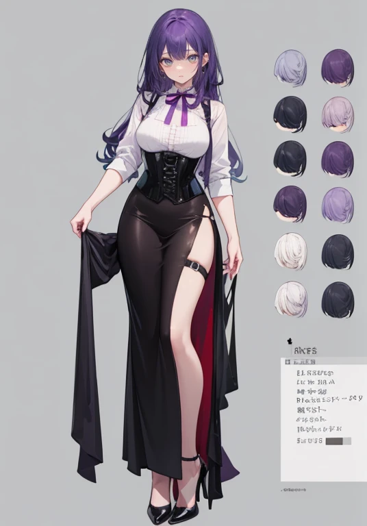 Purple hair,long hair,Adult female,Bartender,((Body harness)),((Rolling up your sleeves shirt)),(Corset),(Long skirt),(slit),High heels,((Simple background)),Smile,((Full body)),((whole body)),Character Sheet,