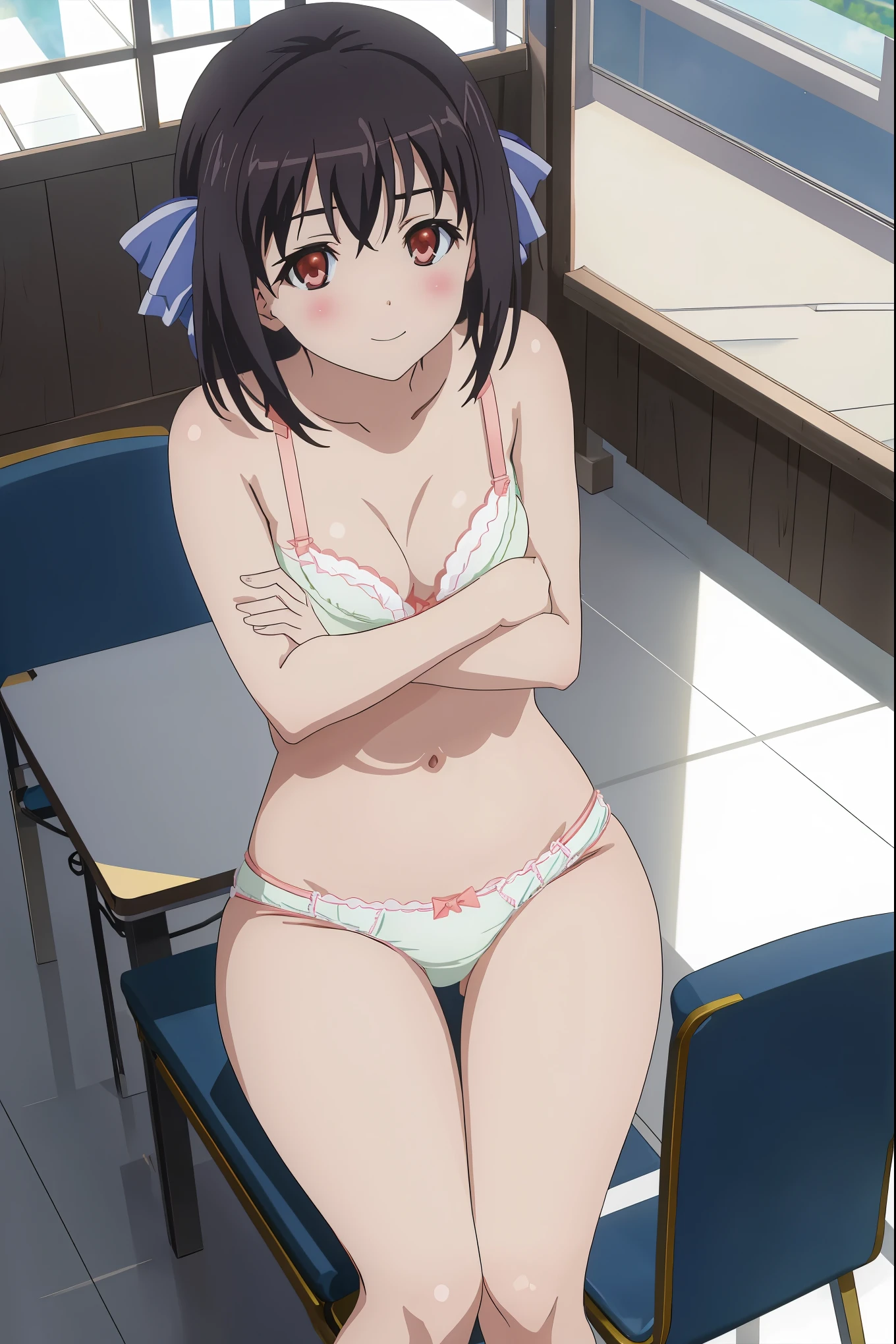 1girl in,(Sitting),(chair),(classroom),From above,Looking at Viewer,Tomomi_Xijing, bow ribbon, Short hair,nude,(crossed arms),((bra)),((panties)),(underwear),Perfect Lighting,Best Quality,Smile,blush,anime screen cap,cel shading,short torso,sexy pose
