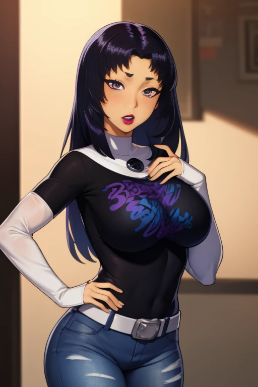 (masterpiece, best quality:1.2), blackfire, 1girl, solo, breasts, dark skin, black t-shirt, white shirt, blue jeans, belt, lipstick, large breasts, layered sleeves