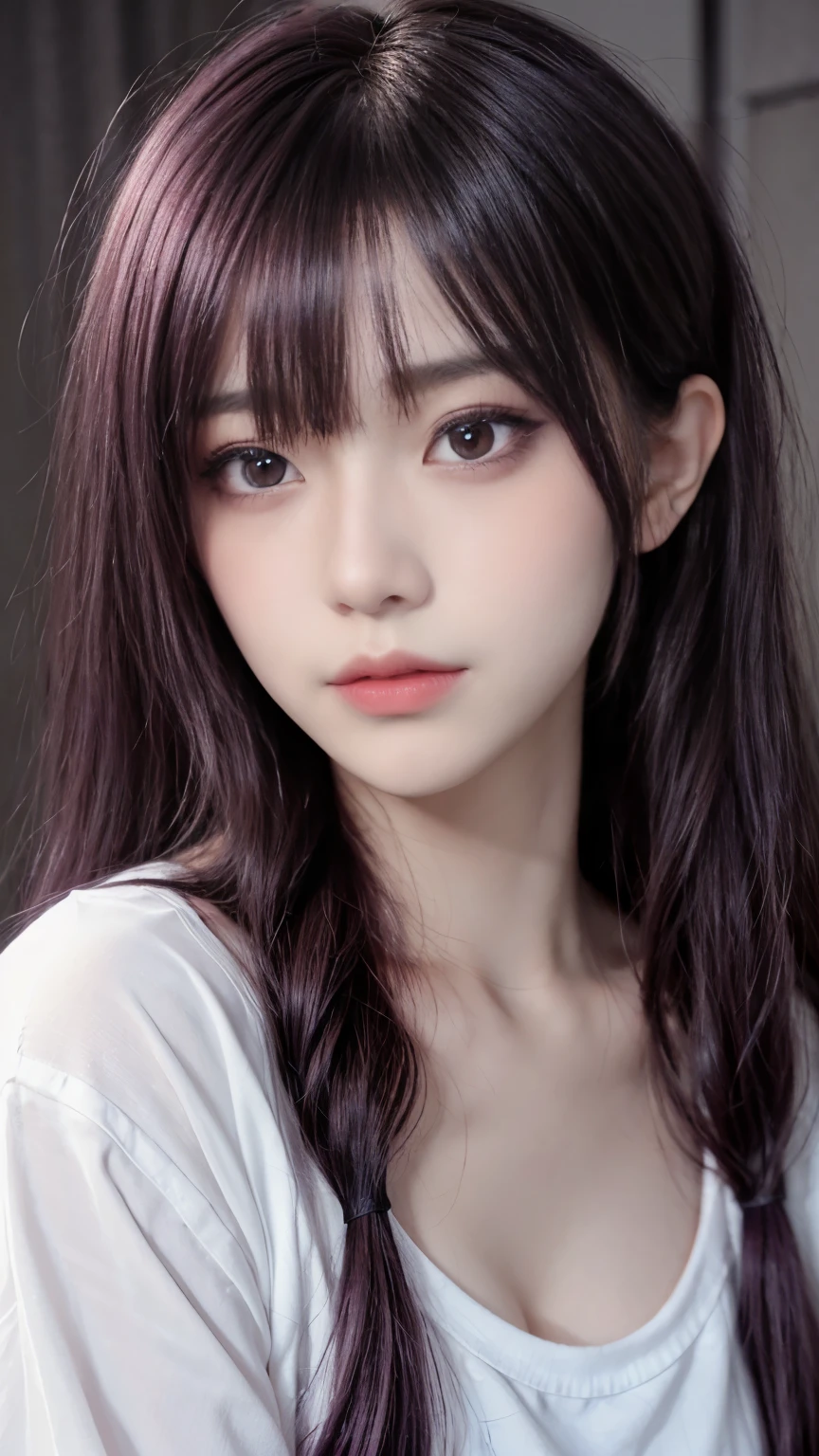 background(Black Night Sky,Big Moon),Woman close up,Wearing a white shirt、Purple Hair,Very long hair,very thick braids,Purple eyes,big , realistic girl rendering, 8k artistic german bokeh, Enchanting girl, Realistic girl, Gurwitz, Gurwitz-style artwork, Girl Roleplay, Realistic 3D style, cgstation Popular Topics,, 8K Portrait Rendering,(Faithfulness,Faithfulness:1.4),Wear pink pajamas,巨big ,Sparkling eyes,Purple eyes