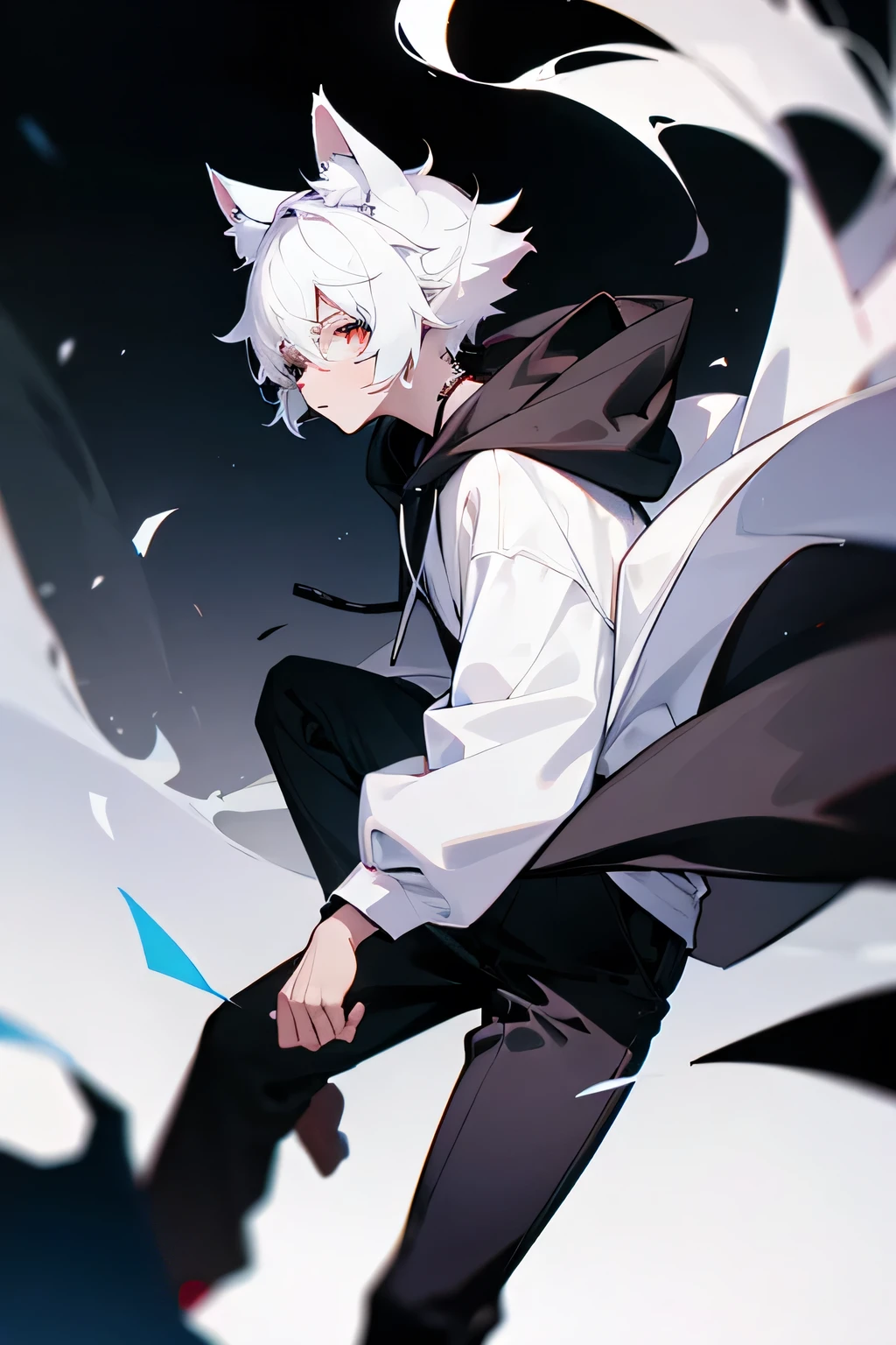 A boy with cat ears and short white hair. Dressed in a black hooded sweatshirt and black pants. He is wearing black headphones. It is against the background of the city at night.It has a white fluffy tail.