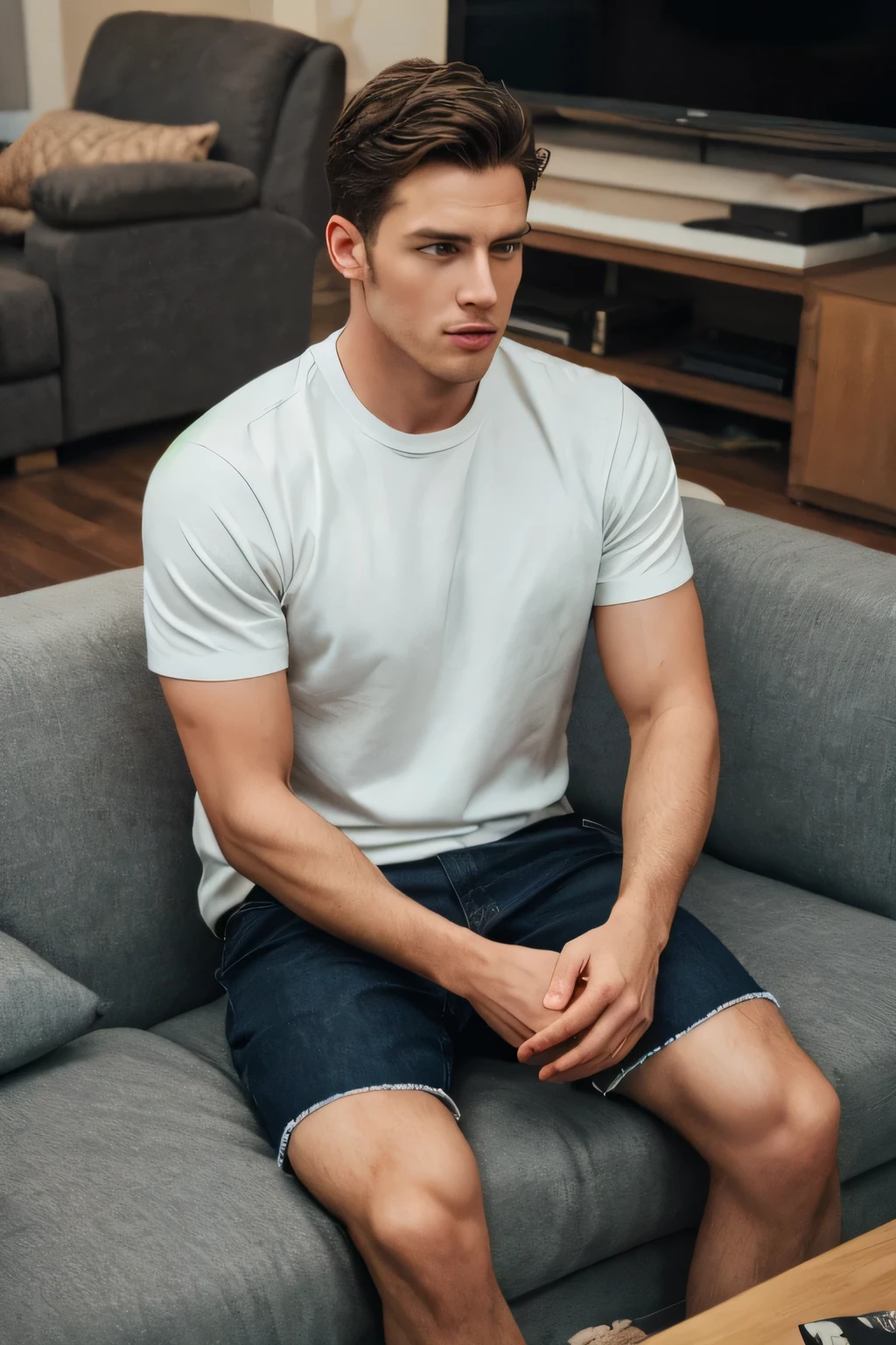 real, cinematic, high quality, Handsome Men Short hair ,casual clothes,sitting on sofa ,living room